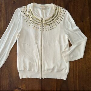 Michael Kors Cardigan Sweater Gold Sequin Cream Cotton Lined Zip Front S / P
